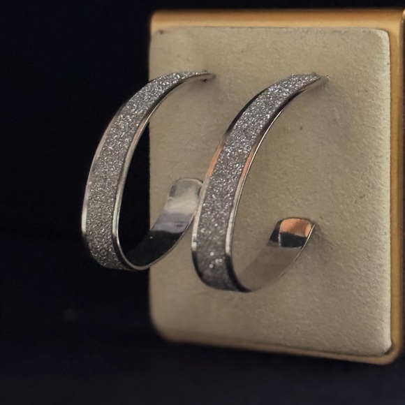 Sparkling Silver Glitter Open Hoop Post Earrings 2 inch - Picture 1 of 7
